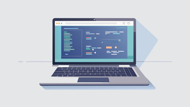 Professional laptop workspace showing abstract data and coding visuals, minimal modern desk, realistic lighting, clean technology concept, corporate environment.