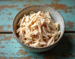 Shredded chicken breast in bowl. Cooked poultry meat ready for salad preparation. Healthy protein ingredient for meals. Prepared food on rustic table.