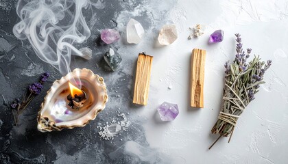 Spiritual composition with crystals, smudging stick, flowers, seashell candle, smoke on textured surface
