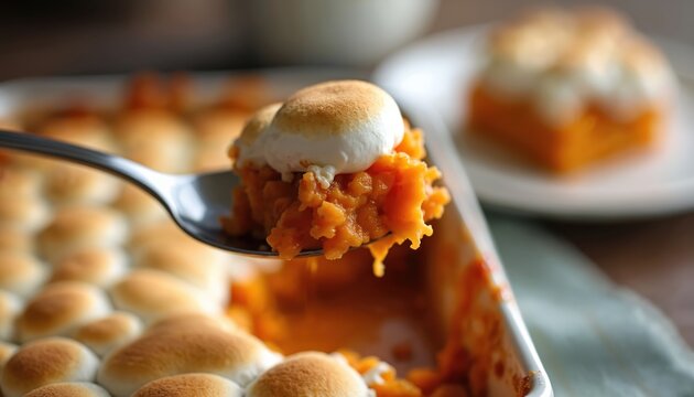 Spoonful of sweet potato casserole with toasted marshmallows sits above baking dish. Orange sweet root veg topped with browned soft candy melts served hot.