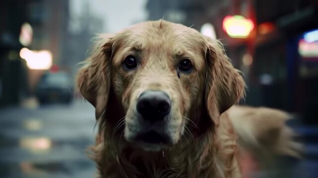 A Golden Retriever in the rain looks sadly. Bokeh city street