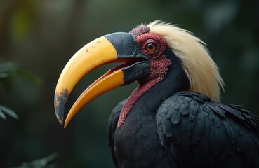 Obraz premium Male wreathed hornbill bird with large yellow beak and dark plumage. Exotic fauna profile view with red neck and blond crest. Ornithology wild animal.