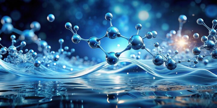 Abstract molecular structures floating on a serene blue liquid surface, showcasing the elegance of scientific discovery and the beauty of nature's fundamental building blocks