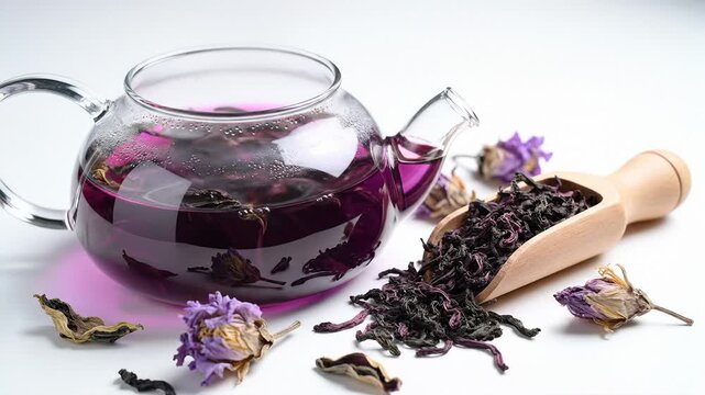 Brewing Purple Herbal Tea in Glass Teapot With Dried Flower Petals