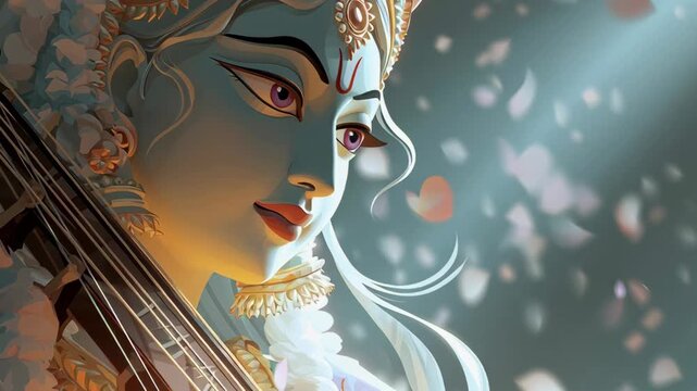 Digital Illustration of Goddess Saraswati for Maa Saraswati Puja Celebrations, Artistic Representation of Hindu Deity with Traditional Elements