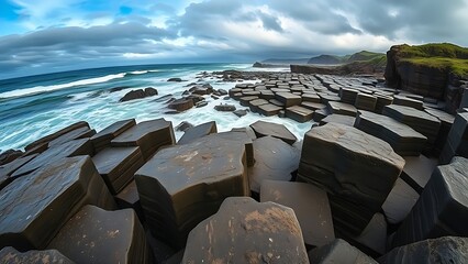 Fototapeta premium basalt. Hexagonal stone columns on a coast with waves and a dramatic sky. inspiring travel planning, ESG reports, designed for environmental awareness campaigns, used by store managers.