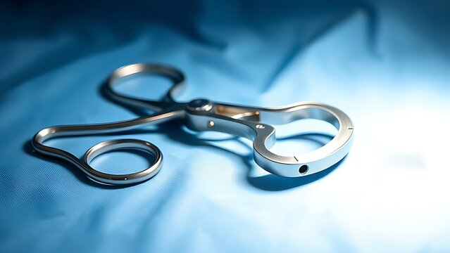 culpability. Surgical retractor resting on sterile blue cloth in a medical setting. STEM education sheets, lab safety posters, designed for biotech research communications.