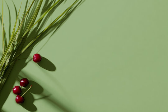 Fresh red cherries and palm leaf on green background with copy space