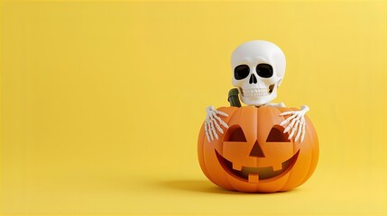 A spooky Halloween skull is placed on a carved pumpkin against a yellow background.