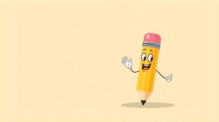 Cute Cartoon Pencil Character Waving on Soft Background