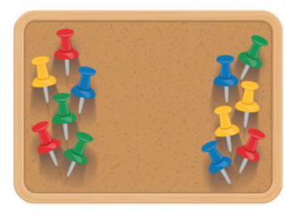 Colorful push pins on a corkboard blue isolated on a transparent background