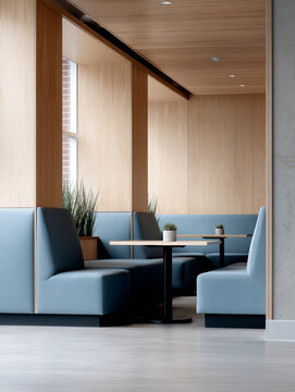 Modern restaurant interior with wooden walls and blue booth seating