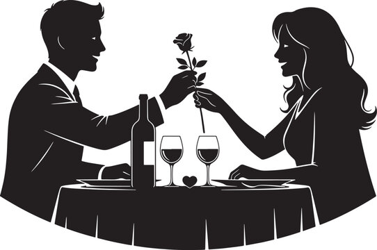Man giving rose to woman at romantic dinner table with wine