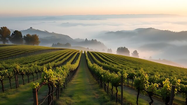  Nebbiolo grape vineyard on Piedmont hillside with morning fog and rolling hills. travel magazines, destination branding, designed for outdoor magazines and nature guides.