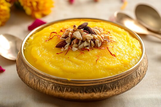 Indian sheera halwa dessert with saffron and nuts high resolution image