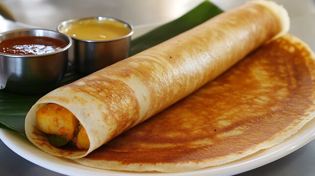 Paneer masala dosa served with chutneys, a popular south indian breakfast high resolution image