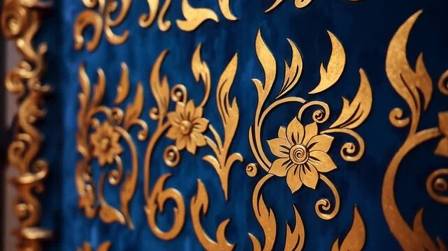 Elegant gold floral ornament on a deep blue background with intricate details and movement