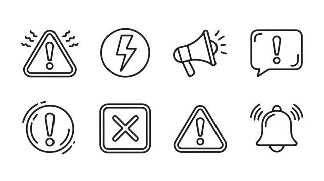 Collection of icons representing alerts, warnings, and notifications in a simple line art style