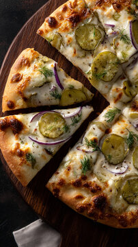 Gourmet white pizza with pickles, red onion, and dill on wooden board