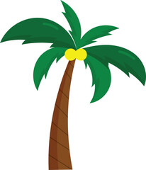 Vibrant cartoon illustration of a tropical palm tree with ripe yellow coconuts, evoking feelings of summer vacation, beach holidays, and exotic island getaways