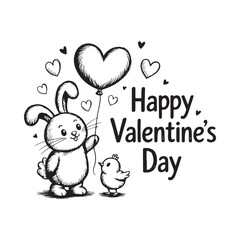 Charming bunny holding a heart shaped balloon with a chick celebrating valentine s day