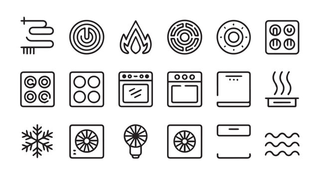 A collection of household appliance icons and symbols including kitchen equipment, climate control, and utility functions represented in black and white line art