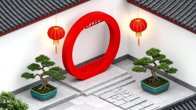 Traditional Chinese courtyard with red moon gate, swaying lanterns and bonsai trees, 3D isometric animation