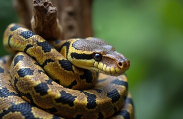Reticulated python with yellow and black pattern coils on dry tree branch. Reptile has scales texture and black eye. Wildlife creature in natural habitat.