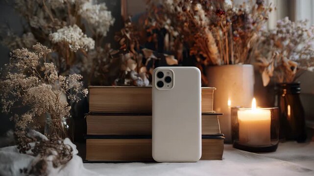 Cozy Aesthetic Phone Cover Display on Rustic Table with Warm Candlelight and Autumn Decor