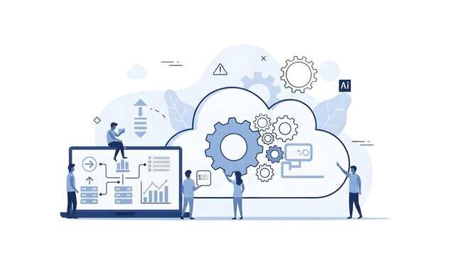 Cloud computing and data management vector art with business team and gears on transparent background for network infrastructure and information technology services.