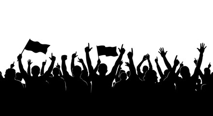 Naklejka premium Silhouette of a Cheering Crowd with Flags at a Concert or Festival
