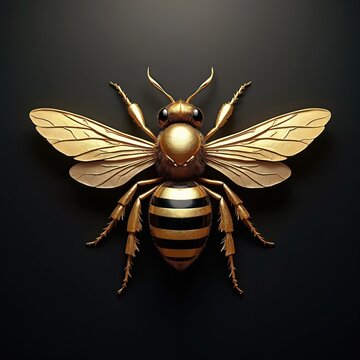 Golden bee with black stripes and wings isolated on a dark background. This insect graphic is a symbolic representation of nature wildlife and industrious work.