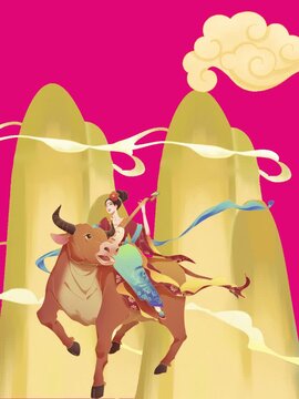 A princess from the Chinese empire is riding a buffalo while playing a musical instrument.