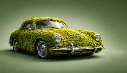 Abandoned and Forgotten Vintage classic car covered with green moss or grass isolated on a dark green background