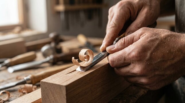 Carpenter shaping wood with chisel in workshop.