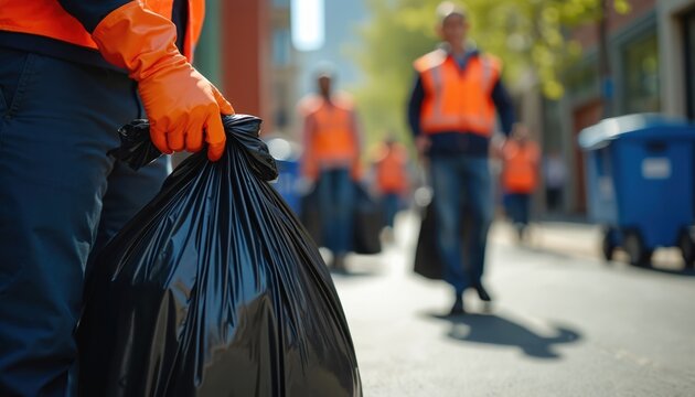 Street cleaners in orange vests collect garbage bags on city street. Workers remove rubbish, maintain public hygiene and cleanliness. Team ensures tidy urban environment for residents.