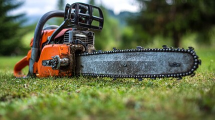 Naklejka premium Chainsaw with metal cutting bar and sharp chain resting on grass, woodworking tool for forestry, logging, garden maintenance, construction, craftsmanship and outdoor work safety concept
