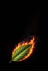 Green tree leaf engulfed in fire on a black background with copy space for text