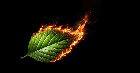 Green tree leaf engulfed in fire on a black background with copy space for text