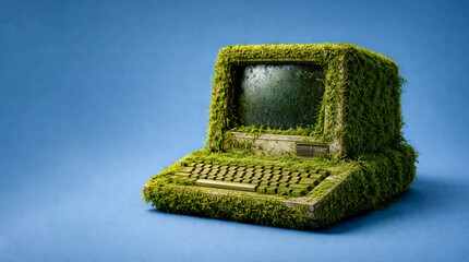 Vintage computer with keyboard covered with green moss or grass isolated on a blue background