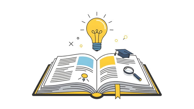Open book with glowing lightbulb and graduation cap vector art on transparent background for education, learning, and creative knowledge concepts.