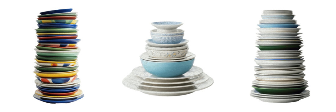 Stack of colorful ceramic plates and bowls collection isolated on white background, kitchenware and tableware set