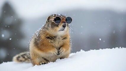 Adorable groundhog wearing small round sunglasses stands patiently in a snowy winter landscape while tiny snowflakes gently fall around its furry brown and tan body against a soft gray background