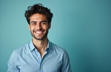 Obraz premium Young man with dark hair smiles broadly at camera. He wears a light blue collared shirt. His look is confident and friendly. Background is plain blue color.