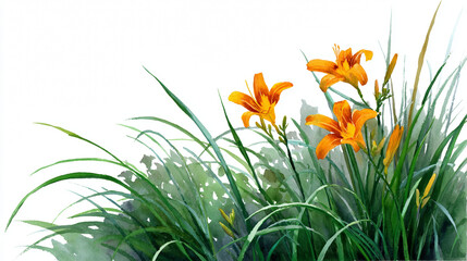 Orange daylilies in green grass watercolor illustration, isolated on white background, summer floral garden border, elegant botanical meadow flowers