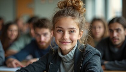 Obraz premium Young girl smiles in a busy classroom with diverse students learning. Focused pupils attend a lecture or group project, engaged in academic study and future career paths.