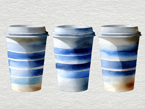 Three disposable coffee cups with blue watercolor stripe patterns, takeaway paper cups mockup on white textured background, artistic beverage packaging design illustration