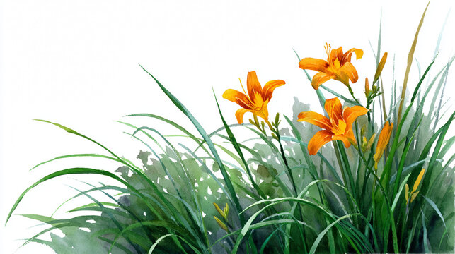 Orange daylilies in green grass watercolor illustration, isolated on white background, summer floral garden border, elegant botanical meadow flowers