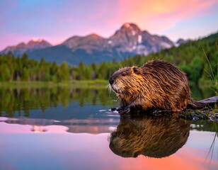 A serene lake scene with a large rodent-like animal