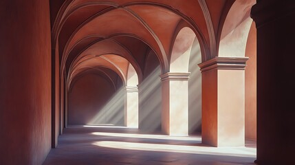 Naklejka premium Elegant arched corridor bathed in sunlight creating shadows and depth